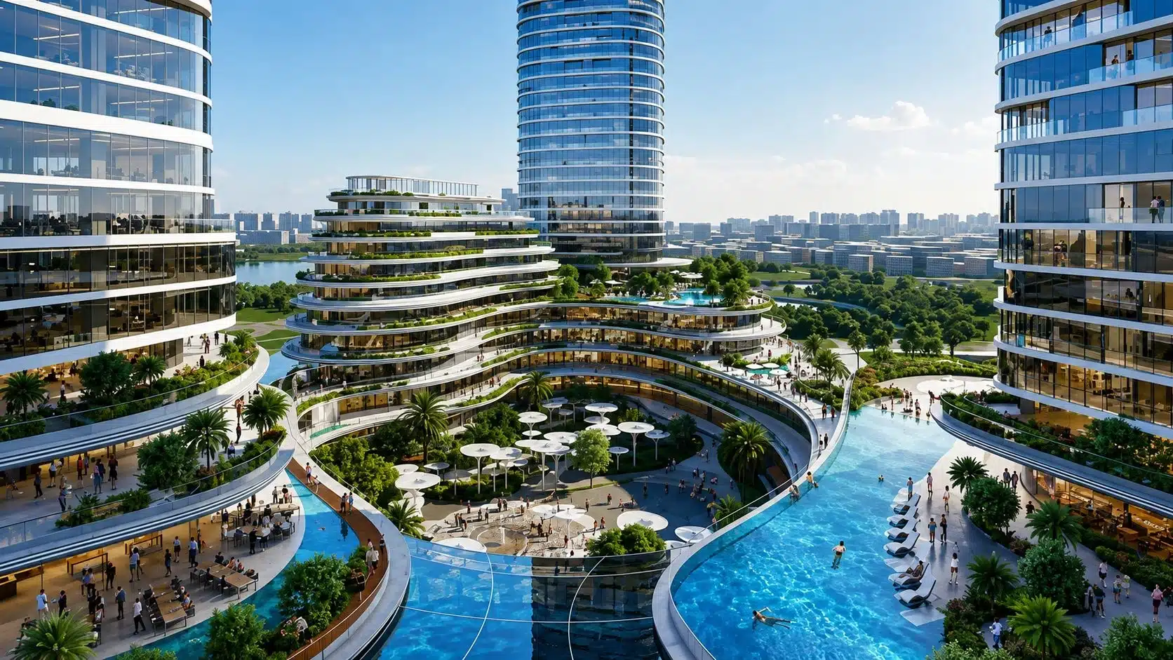 Cụm hồ bơi tràn bờ uốn lượn quanh khối đế mang lại không gian thư giản chuẩn resort cho cư dân Hệ thống tiện ích nội khu chuẩn resort 5 sao tại Empire City từ hồ bơi tràn bờ, phòng gym hiện đại đến công viên ven sông mang đến đặc quyền chăm sóc sức khỏe và không gian thư giãn trọn vẹn.