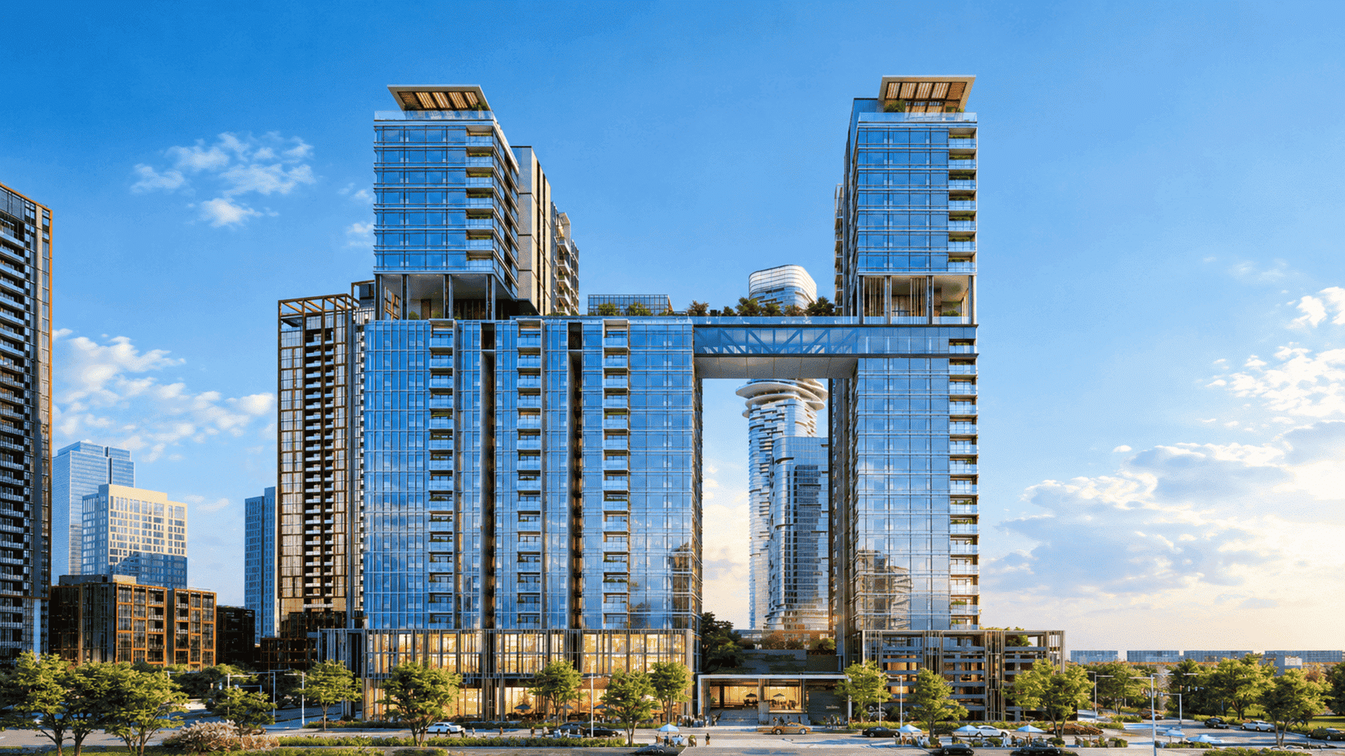 Phối cảnh tổng thể phân khu Narra Residences MU8 thuộc Empire City, gây ấn tượng mạnh mẽ với kiến trúc hiện đại, vị trí kế cận tòa tháp biểu tượng Empire 88 Tower cùng không gian sống chuẩn nghỉ dưỡng đẳng cấp. Sơ đồ 2 tòa tháp Narra Residences kết nối mượt mà qua Sky Bridge, nơi hội tụ chuỗi tiện ích tầng không đắt giá.