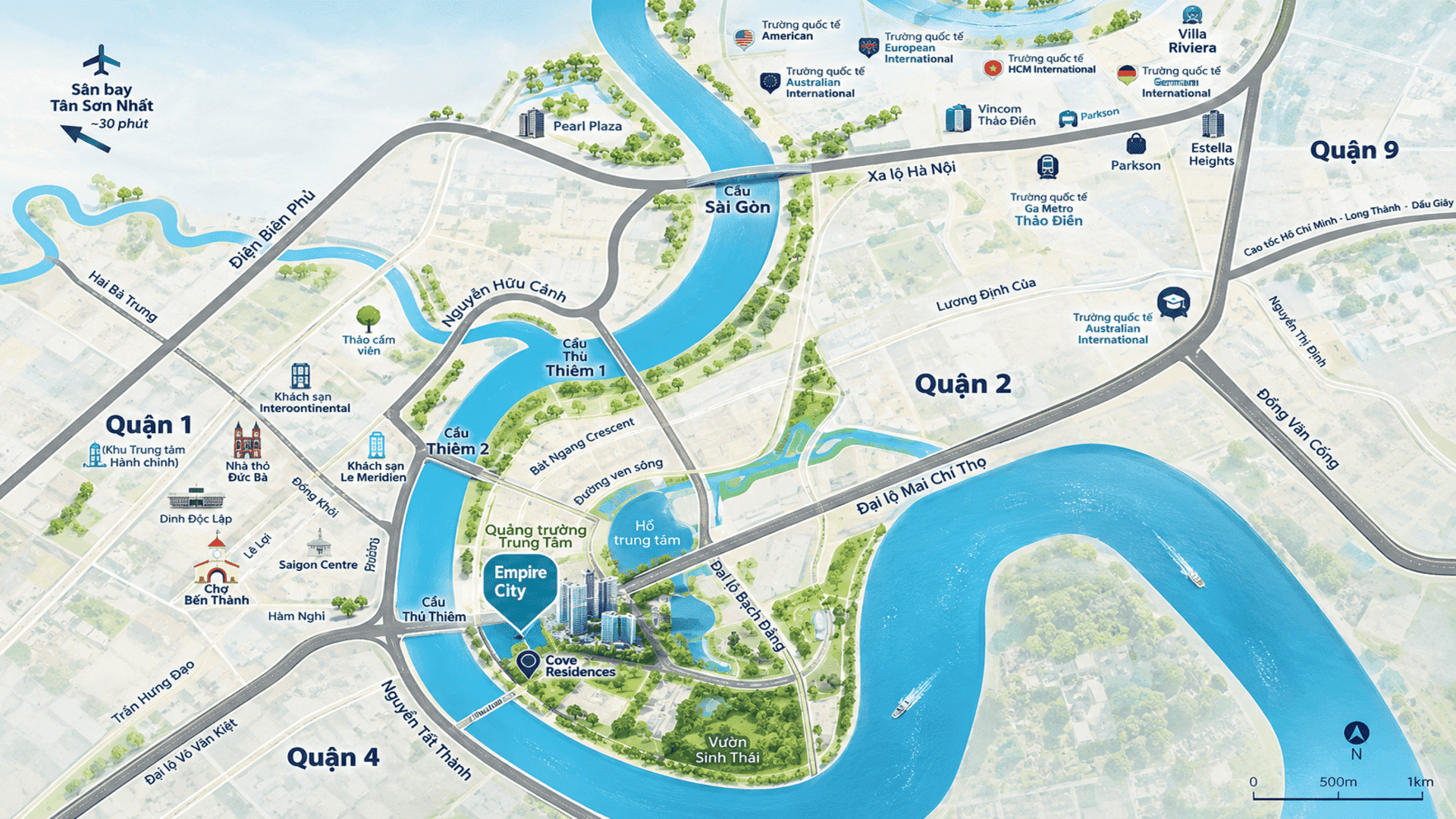 Vị trí đắt giá tại trung tâm Thủ Thiêm giúp Empire City kết nối hoàn hảo với tuyến metro hiện đại, tối ưu thời gian di chuyển, gia tăng tiện ích giao thông và thúc đẩy tiềm năng sinh lời bất động sản bền vững. Vị trí đắc địa của Empire City và Narra Residences sát hầm Thủ Thiêm giúp kết nối nhanh chóng sang Quận 1 chỉ trong 5 phút, mang lại lợi thế giao thương vượt trội cùng tiềm năng gia tăng giá trị.